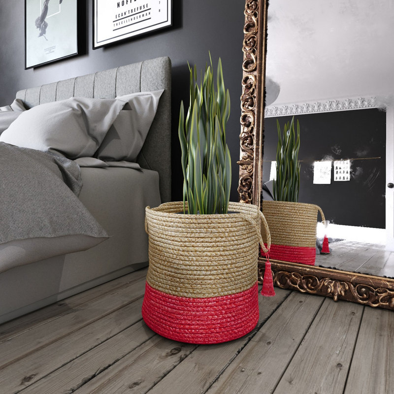 Handwoven Round Tan and Red Jute Storage Basket with Handles