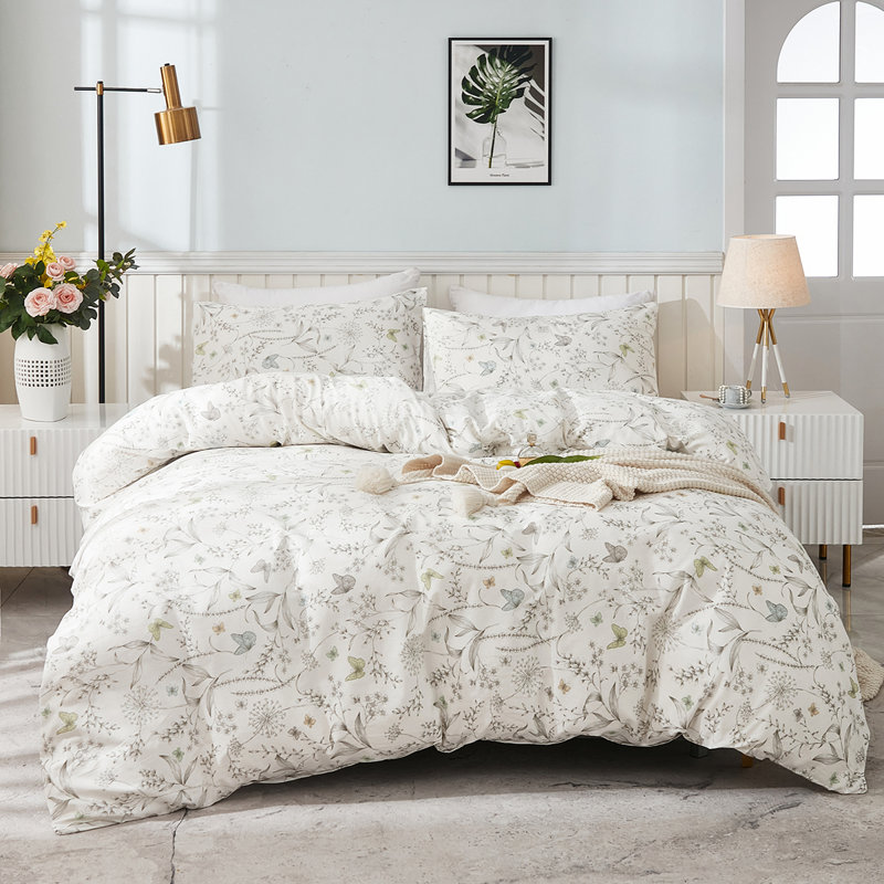 Housse de couette 100% coton Nayoroom SJT-JX, Housse de couette pour lit simple + 1 taie d'oreil, Motif floral blanc