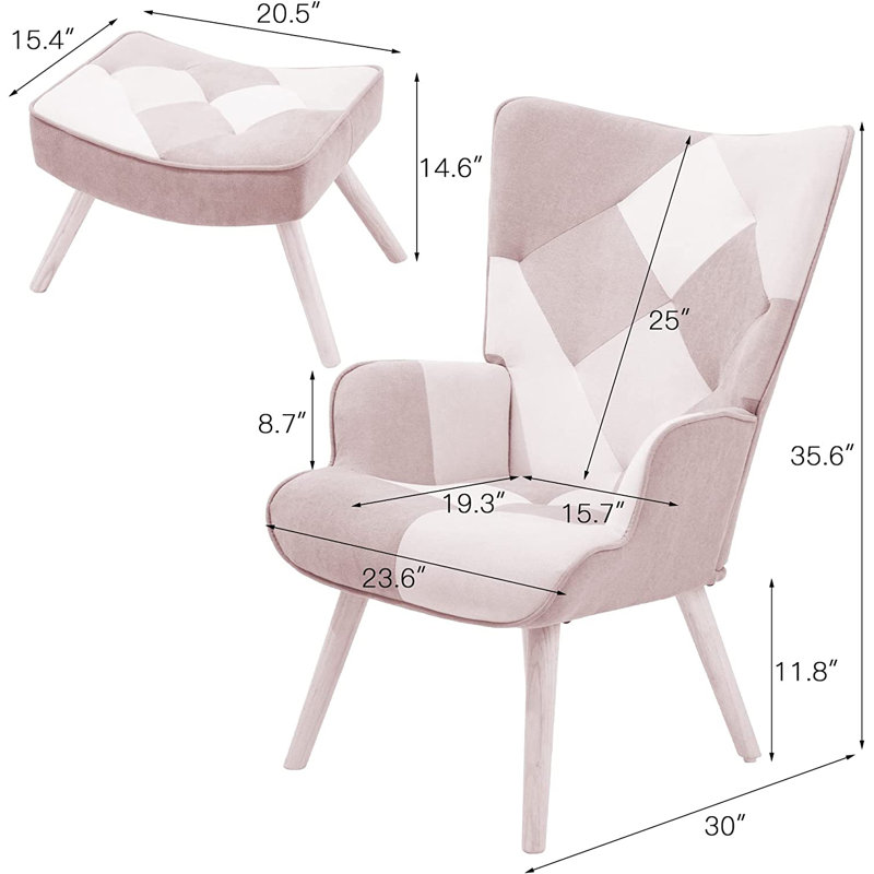 Bohemian Style Accent Chair With Ottoman Set, Patchwork Linen Fabric,330Lbs Capacity, Pink 100% Linen