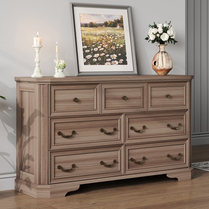 Coghiel 7 Drawer 54" W Farmhouse Wooden Double Dresser,Gray, Gray
