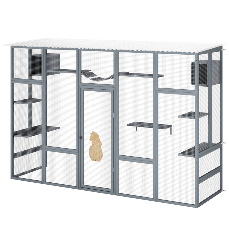 Spacious Grey Wooden Cat Shelter With 6 Jumping Platforms, 2 Condos, Bridge And Scratching Board Enclosure Pad, Grey