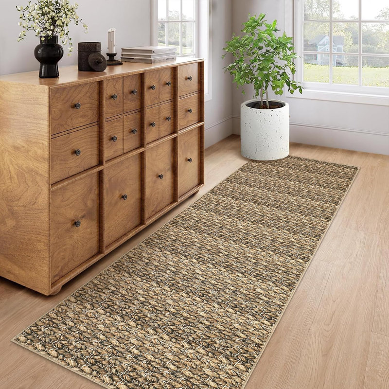 Modern Braided Printed 2x6 Runner Rug Stain Resistant Carpet with Non-Slip Backing Low Pile Floor Cover Kitchen Hallway EntrywayBrown