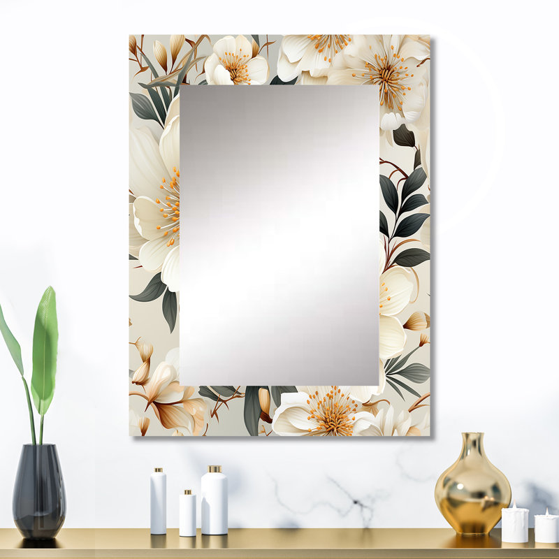 «Chareese Beige Boho Chic Poppy Blooms», décoration murale unique à motif floral, grand miroir floral, impression d'art en métal