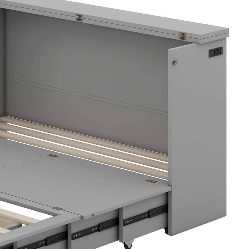 Lit escamotable avec tiroir et un ensemble de prises et ports USB, structure de poulie, Grand, gris