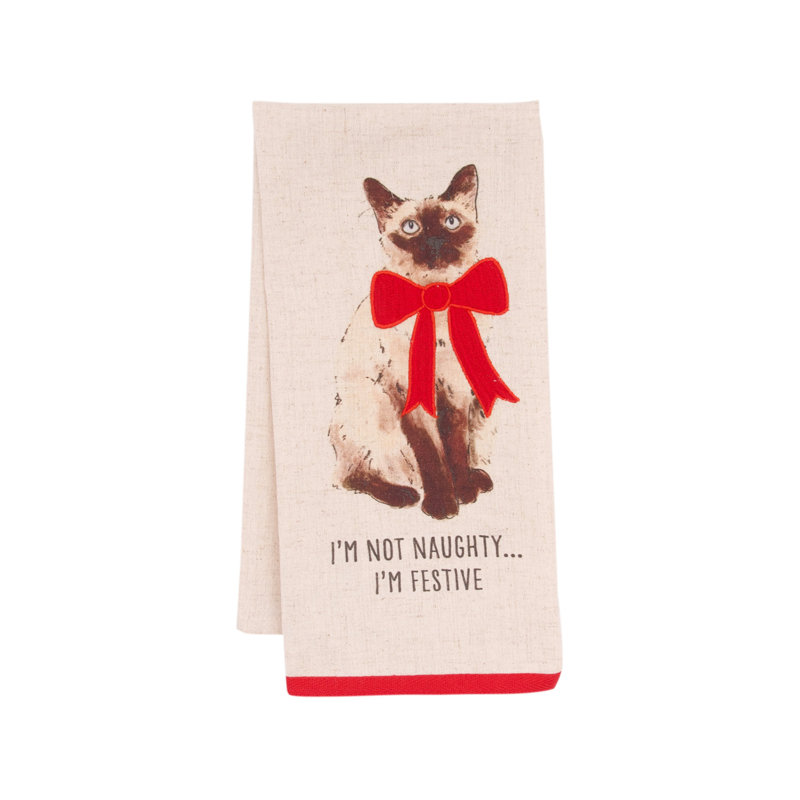Serviette de Noël festive chat siamois avec ruban