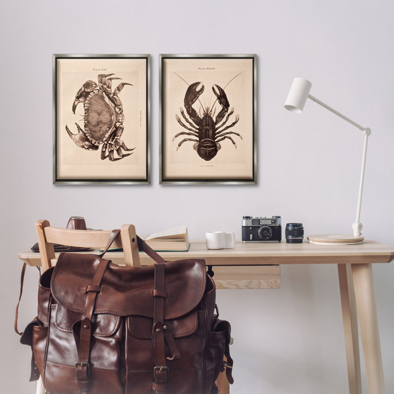 Ensemble de 2 toiles flottantes rétro encadrées dorées crabe et homard, design par Deborah Revell, H 25 po x l 17 po