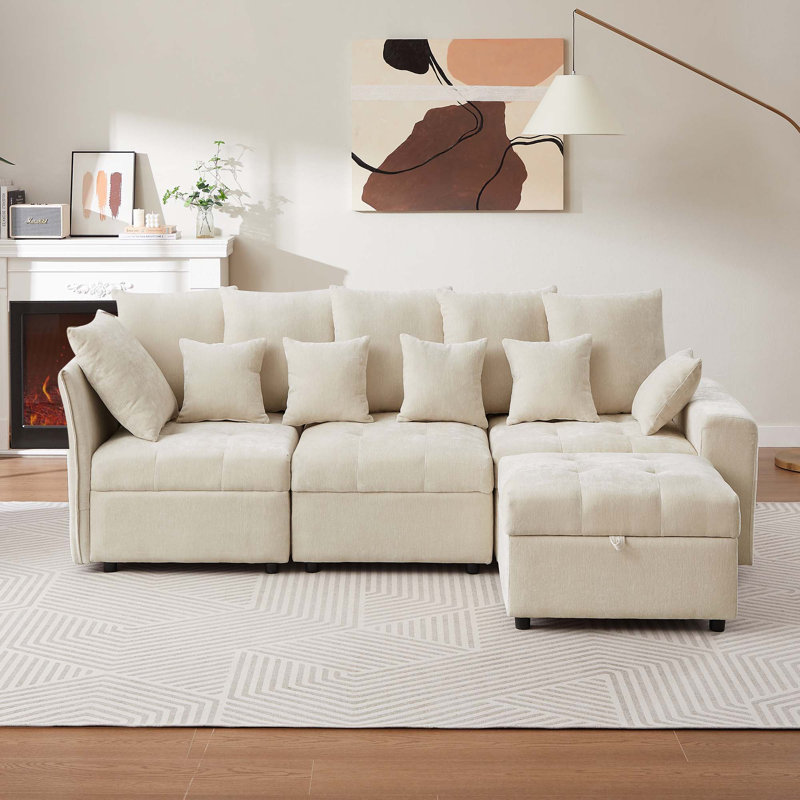 Canapé modulaire rembourré 4 pièces Euphemiah, Chenille beige