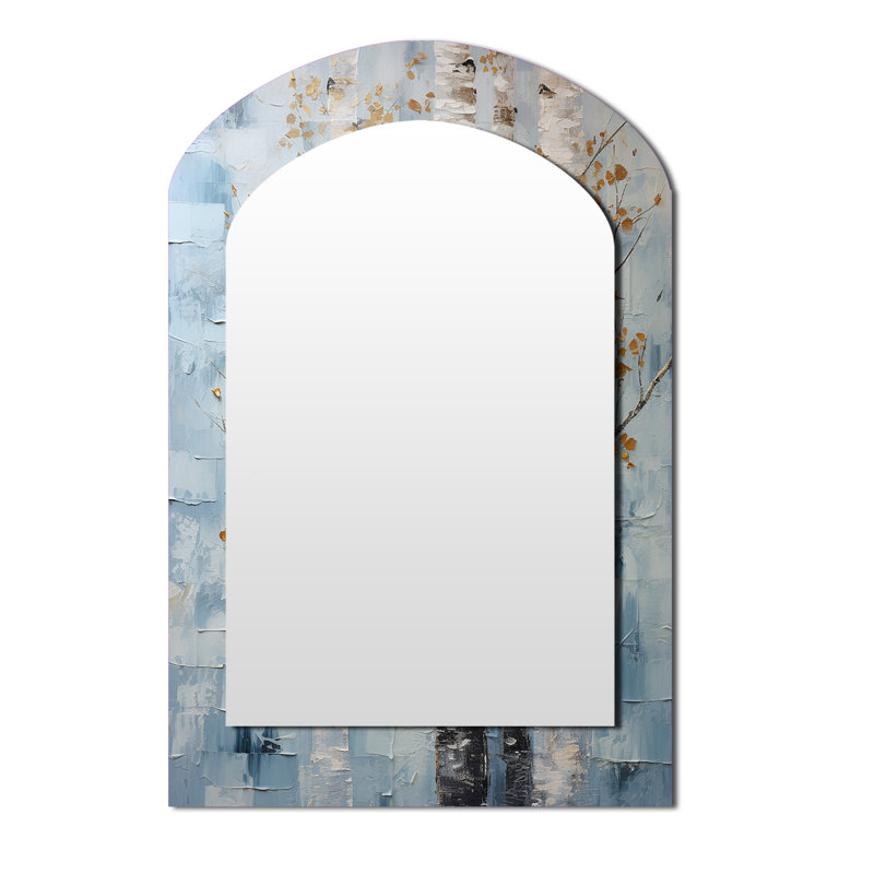 Silver Blue Tree Birchs Breath I - Birch Asymmetrical Unique Wall Mirror, Traditional Arch Mirror, Printed Metal Art