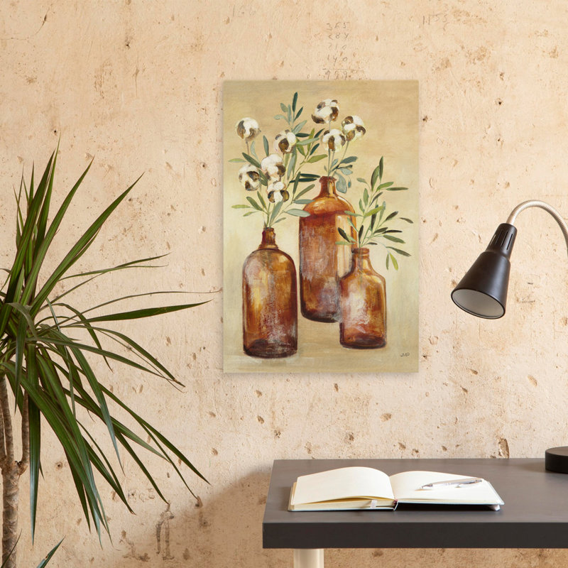 Coton nature morte III contemporain floral beige blanc bouteille, H 24 po x l 16 po