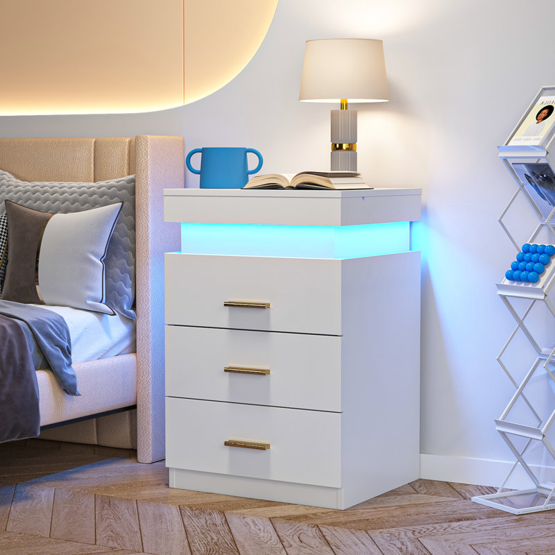 LED Nightstand with Motion Sensor Light, Modern Bedside Table with 3 Color Dimmable Lighting, Glass Top Jewelry Storage & 3 Drawers, High Gloss White Bedroom Furniture
