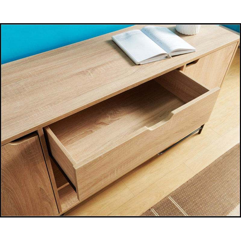 Light Brown Oak Buffet with Black Metal Legs and Shelves