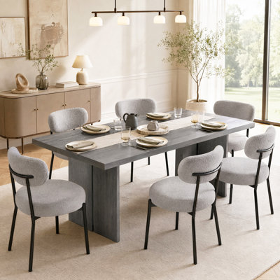 Alyria 70" Wooden Rectangular Dining Table With 6 Pcs Boucle Sherpa Dining Chairs