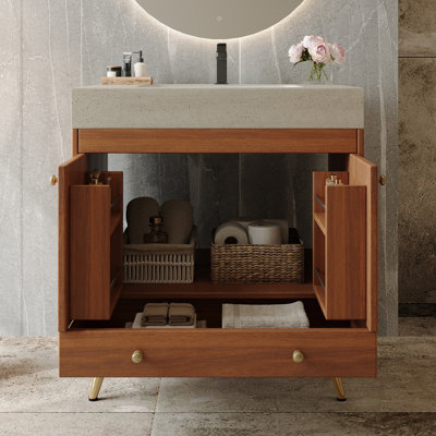 Meuble-lavabo autoportant Mid-Century avec plateau en faux marbre et lavabo en céramique