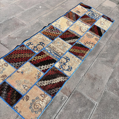 Vintage Anatolian Turkish Handcrafted Beige Wool Runner Rug with Patchwork Design