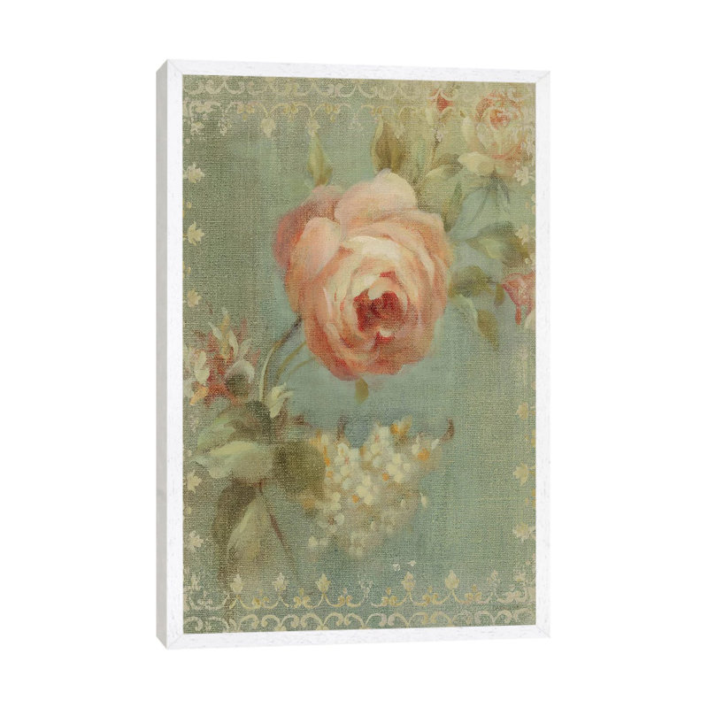 Rose On Sage by Danhui Nai - Painting on Canvas, 66.04 cm H x 45.72 cm W, White Framed