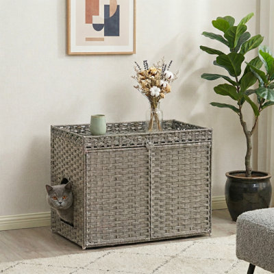Grand bac à litière tissé à la main avec tapis, maisonnette pour chat avec 2 crochets en S, 18,3 po, intérieur pour appartement / salon