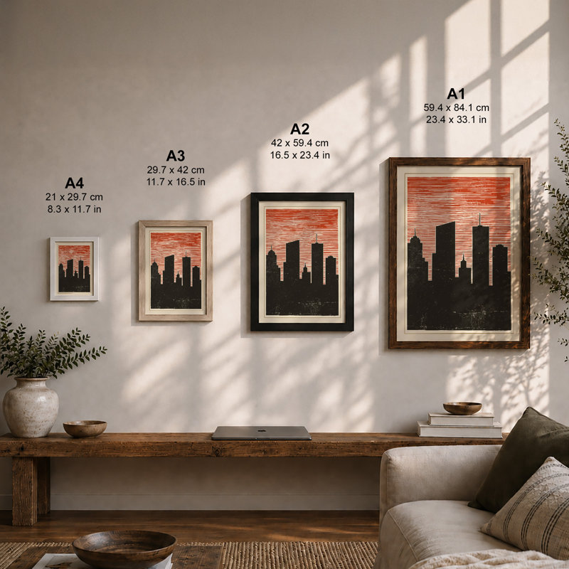 Urban Sunset Skyline Modern - Framed Print, A2 - 59.4 x 42.0 cm, Oak