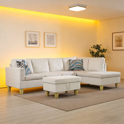 White Minimalist Fabric Sofa Three Piece Set (double Seat+single Seat+storage Stool) X-shaped Pressure Line Concave Surface Design Can Be Disassembled And Combined