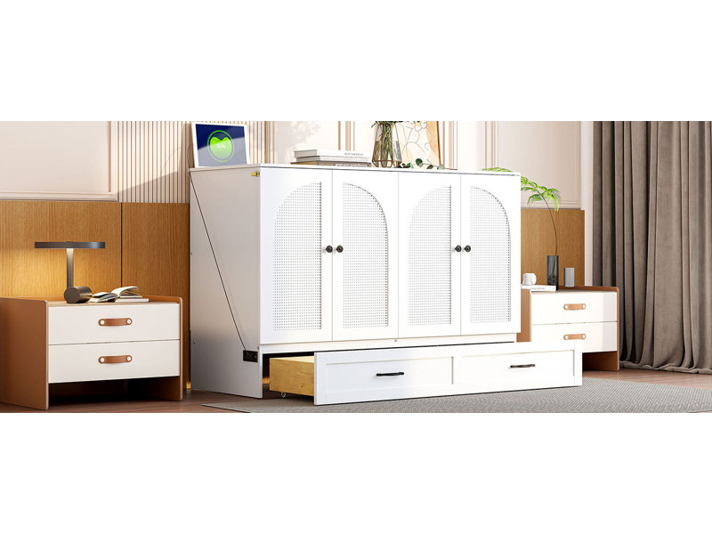 Lit escamotable avec grands tiroirs Murphy, Double, Blanc