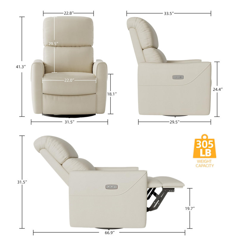 Fauteuil inclinable pivotant électrique pour salon – Similicuir PU, repose-pieds réglable, soutien lombaire, port de chargement USB, canapé une place confortable