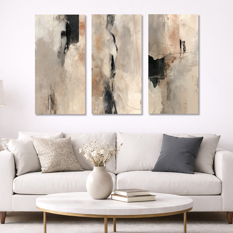 «Black and Grey Brushstroke», peinture abstraite I - impression abstraite sur toile à 3 panneaux, 32" H x 48" W