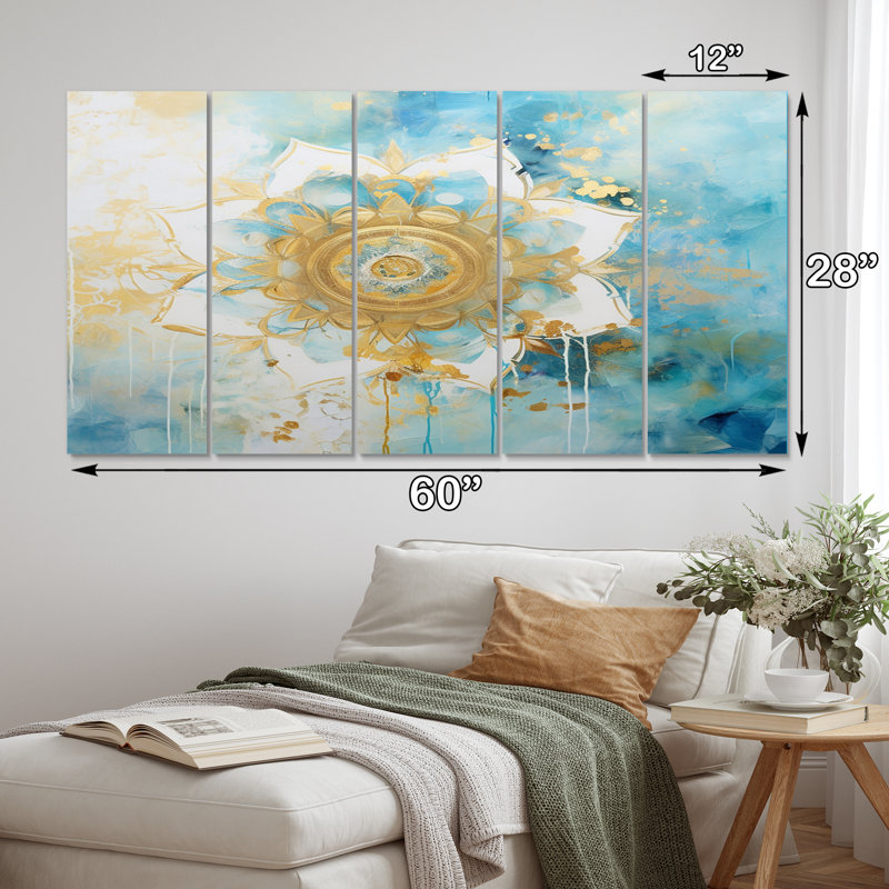 Divine Mandala délicat or délicat turquoise III - Boho Mandala, reproduction d'art sur toile - 5 panneaux égaux