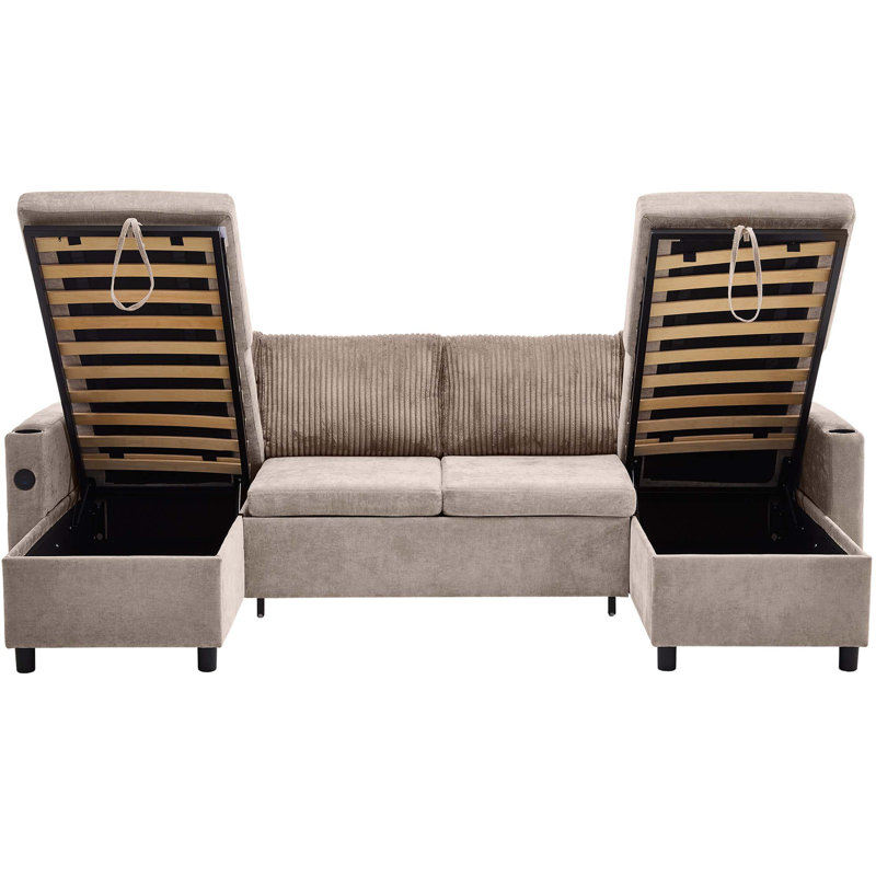 113.4" Sectional Sofa Pull-out Sofa Bed Versatile Sofa Sleeper with Large Storage Space, Two USB Ports and Two Cup Holders for Living Room
