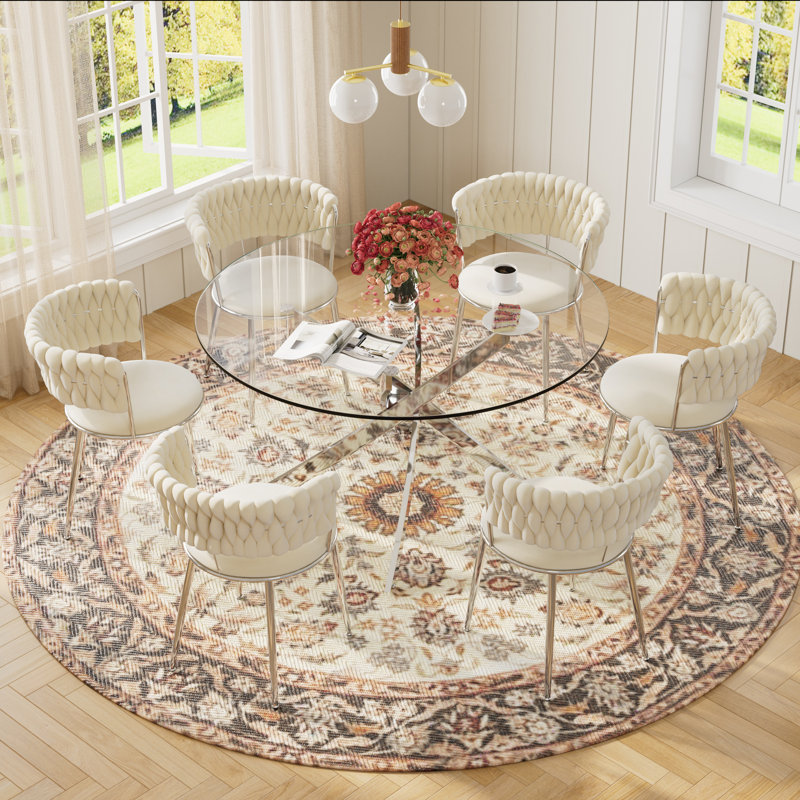 Modern Round Pedestal Dining Set with Weaven Velvet Dininig Chair, 7, Beige, Silver