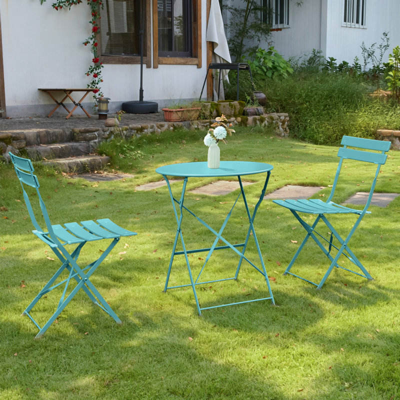 Iron Table And Folding Chair Set, 2 - Person Round Outdoor Dining Set, Peacock Blue