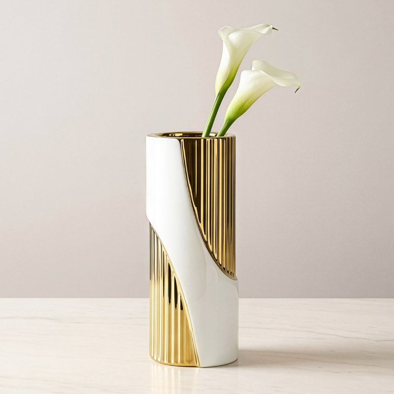 Vase en céramique cannelée blanche et dorée 10 ", Blanc / Doré, H 10 po x l 4,5 po x P 4,5 po