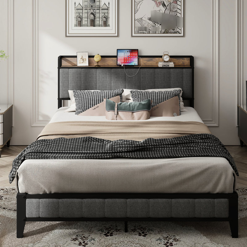 Grand lit tapissier gris foncé - plateforme en métal avec accessoire de chargement pour plateforme de lit, Grand lit