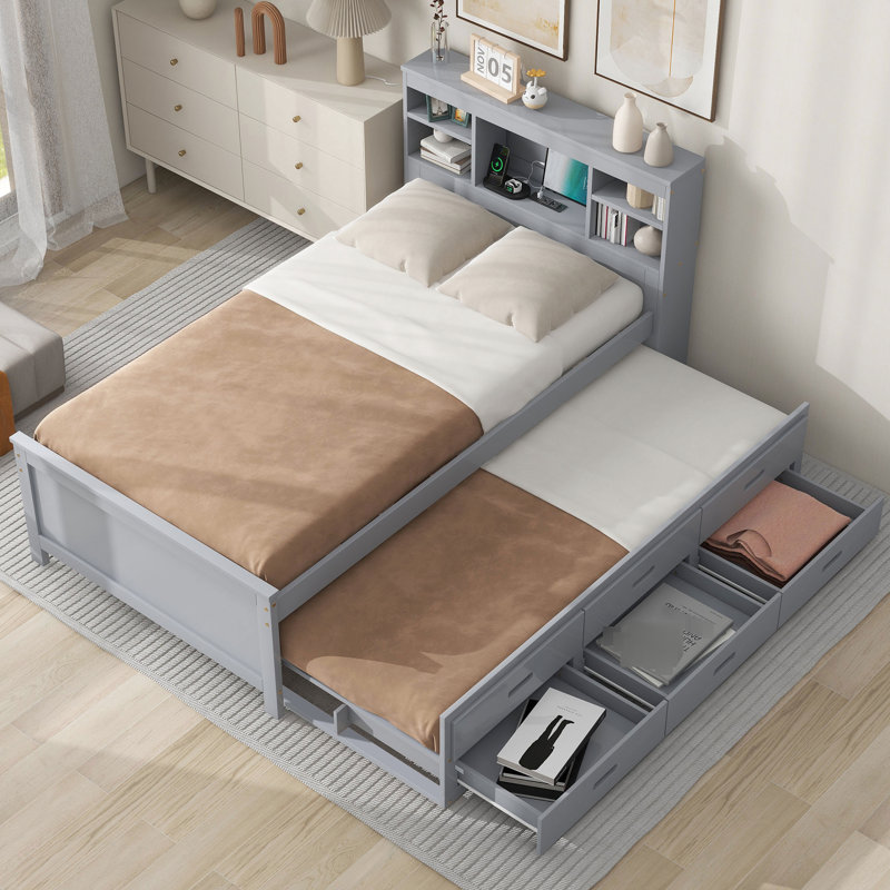 Lit plateforme simple gris avec rangement et 3 tiroirs et un lit gigogne pour les tiroirs pratiques, fabrication en bois massif