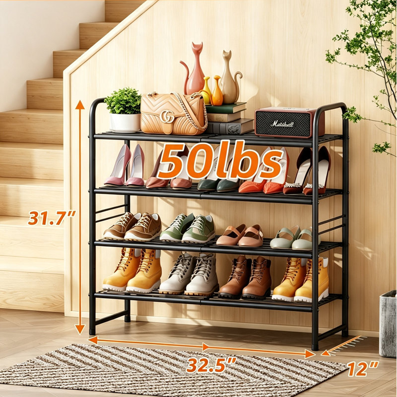 4-Tier 20 Pair Shoe Rack, Metal Stackable Shoe Storage for Closet, Black