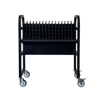 Station de chargement mobile en acier noir pour 16 tablettes avec tablettes ouvertes
