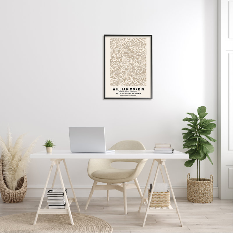 Texte détaillé sur les feuilles botaniques beiges de William Morris, L 24 po x H 24 po, Giclée encadrée noir minuit