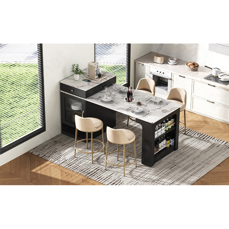 59.5" Kitchen Island With Extendable Dining Table, Kitchen Storage Table With Double-Sided Storage, Kitchen Island With 2 Drawers, Power Outlet, Side Open Shelves, For Kitchen, Dining Room, Black