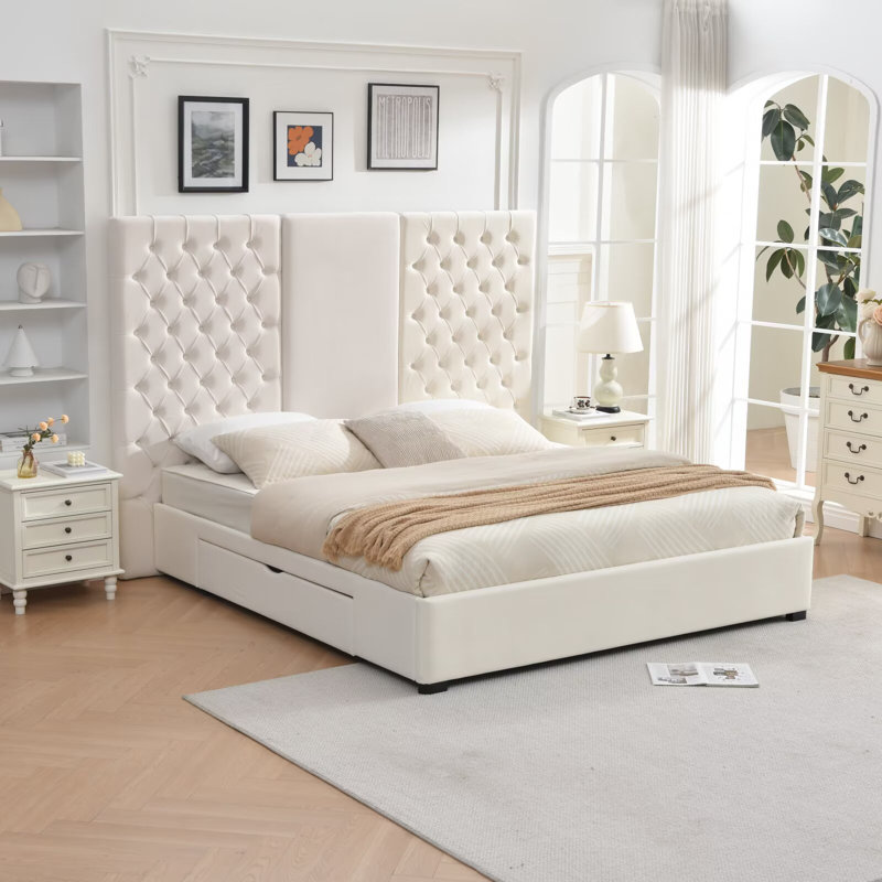 Extra-Tall Tufted Velvet Upholstered Platform Bed with Storage Drawers, Cream, King