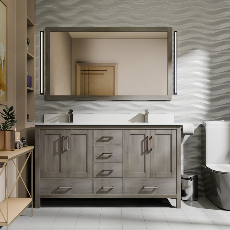 Ensemble de meuble-lavabo double L 60 po x P 22 po Jacques, Gris patiné, Marbre de Carrare blanc