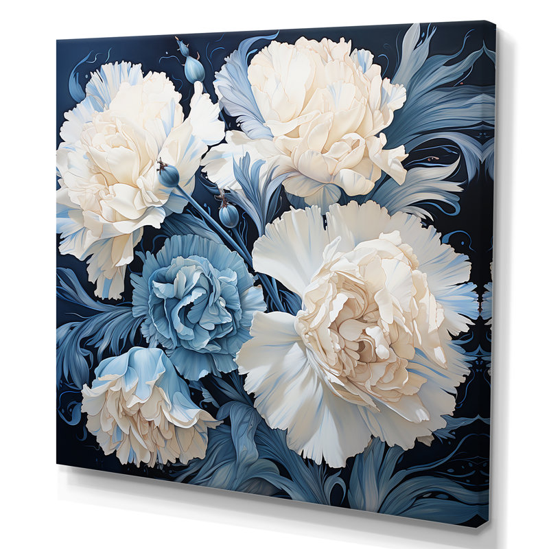 Arrangement d'œillets blanc et bleu sur toile, Toile tendue, H 16 po x l 16 po
