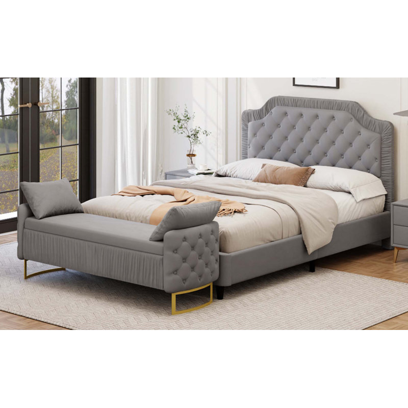 Ensemble de chambre à coucher 2 pièces avec lit capitonné en velours capitonné et capitonné, Gris