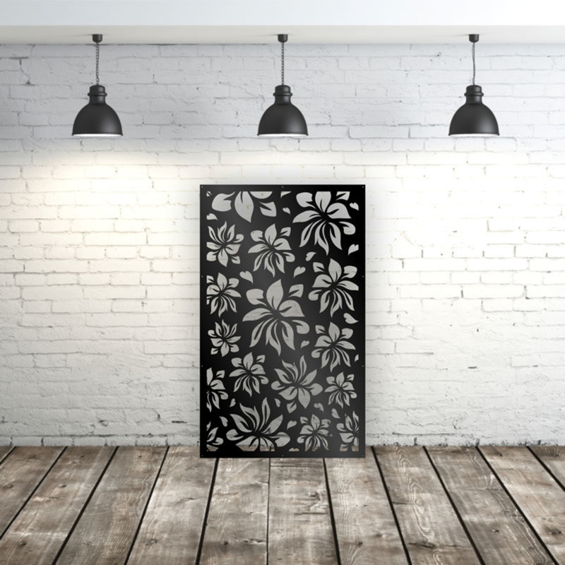 Panneau d'intimité en aluminium découpé au laser Hibiscus, L 48 po x H 48 po, Veiné argent