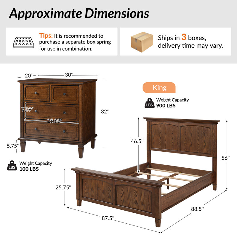 Ensemble de chambre à coucher 3 pièces avec table de chevet et lit Amberlyn, Très grand