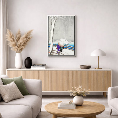 «Snowy Bridge with Umbrellas», œuvre d'art classique japonaise en hiver, impression sur toile encadrée