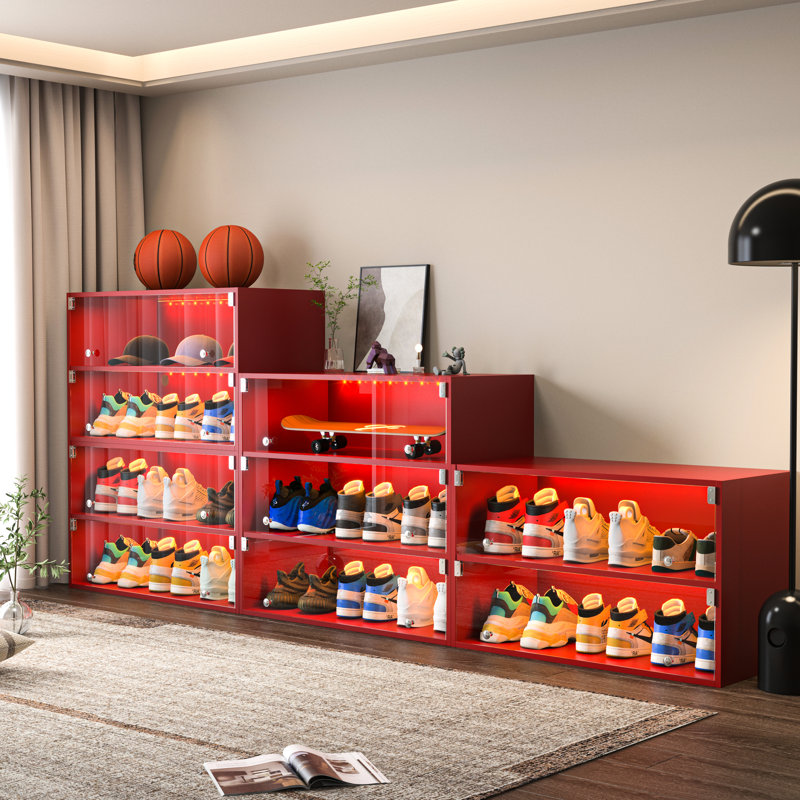 Led Shoe Box Cabinet With Red Lighting & Glass - Stores 9 Sneakers, Wall Mountable, American Design, Wood Storage Accommodates Pairs, Sliding Door