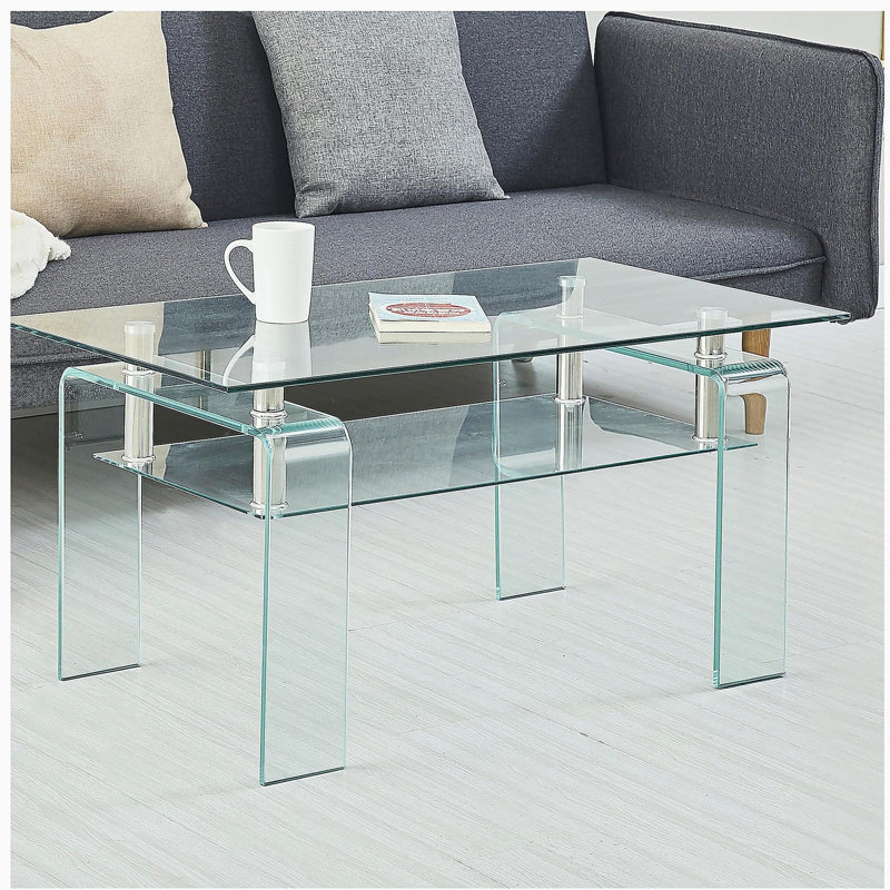 Table basse rectangulaire en verre transparent, table basse moderne en verre pour le salon, table basse avec rangement à 2 niveaux, table basse en verre trempé