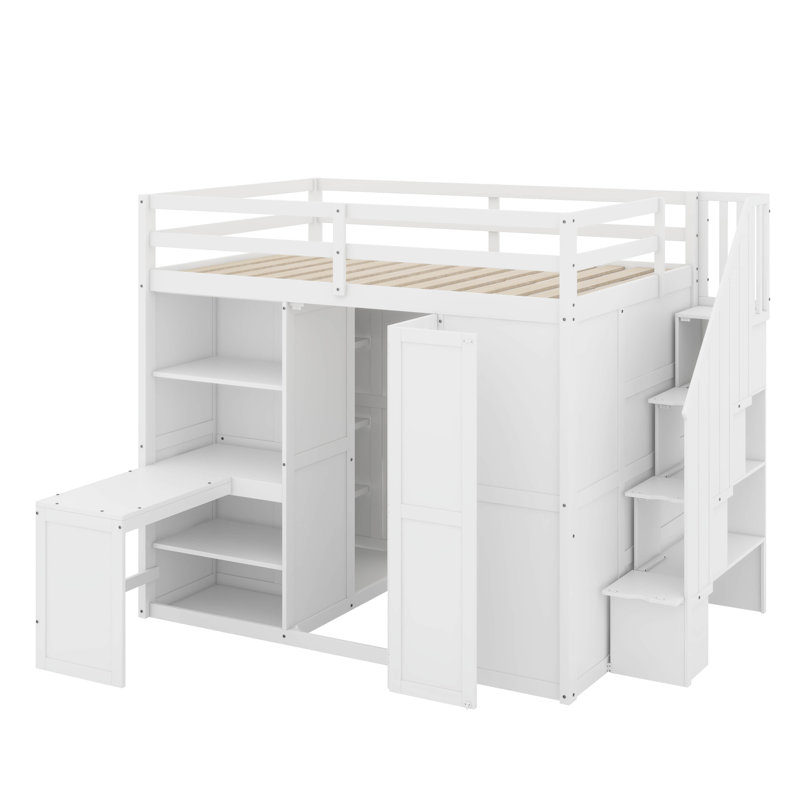 Lit mezzanine double avec garde-robe, bureau et tablettes, Blanc