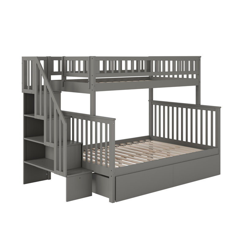 Lit superposé en bois avec escalier et tiroirs Ilariana, Simple sur double, Gris