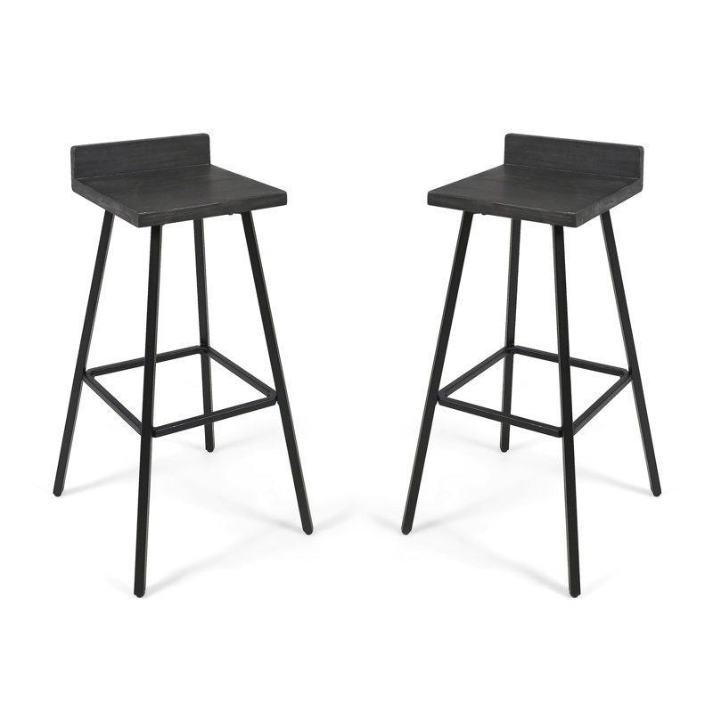 2 Bar Stool Collection - Iron Legs, Wood Seats, Easy To Clean, 33" High Stools Minimalist Functional Design, Grey