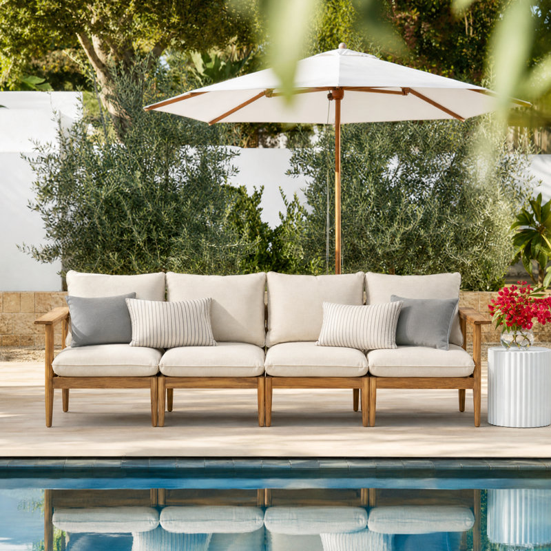 Canapé d'extérieur moderne en bois d'acacia 4 personnes avec coussins pour le jardin, le balcon et la cour Orra
