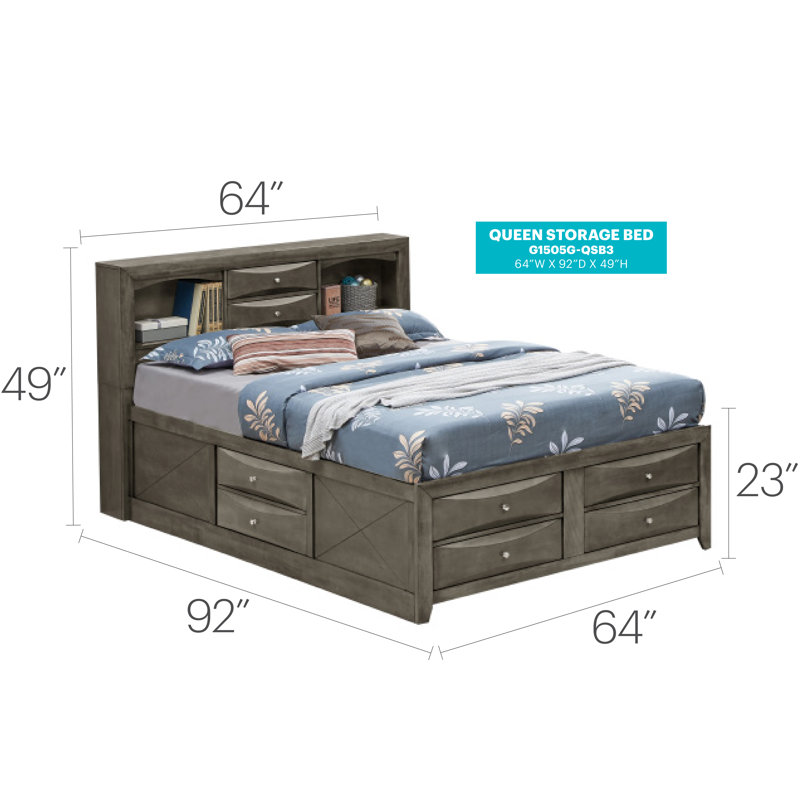 Marilla Bookcase Storage Bed, Queen, Gray